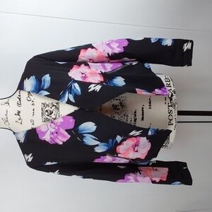 Love Tree- Vibrant Floral open Suit Coat / Jacket Zip Pockets  Contemporary Sz.L